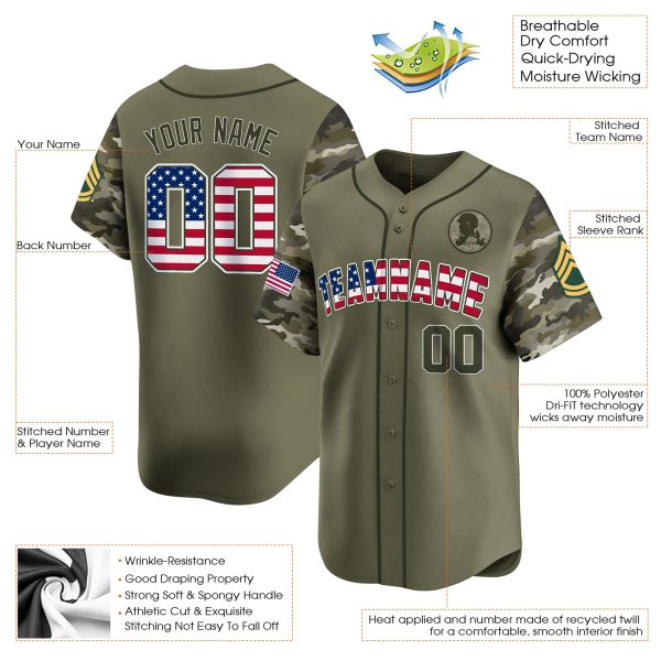 Olive Green USA Flag - Green Personalized Baseball Jersey - Rank Patch - Image 3