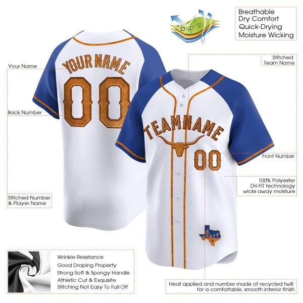 White-Royal Cowhide Texas Style Personalized Baseball Jersey - Image 3