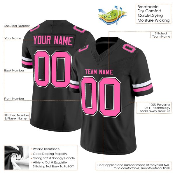 Black Pink-White Authentic Personalized Football Jersey - Image 2