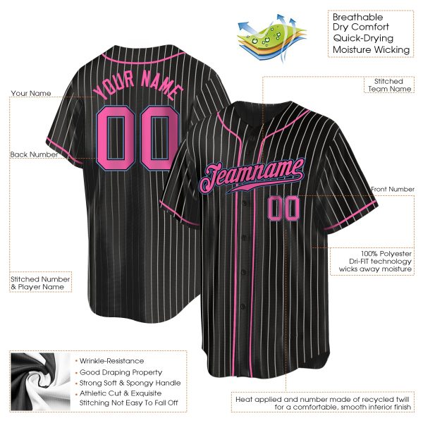 Black White Pinstripe Pink-Light Blue Authentic Personalized Baseball Jersey - Image 2