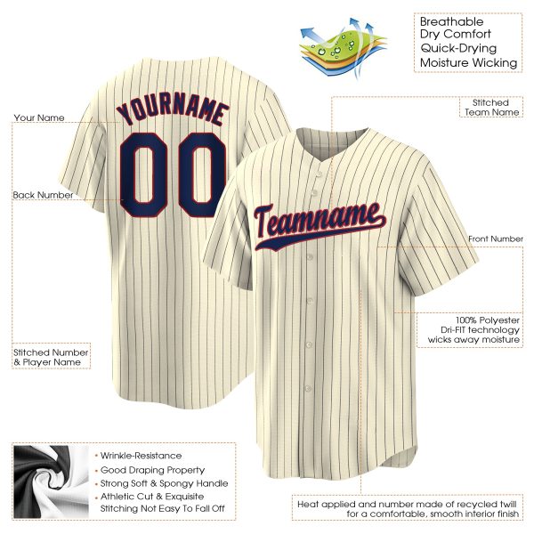 Cream Navy Pinstripe Navy-Red Authentic Personalized Baseball Jersey - Image 3