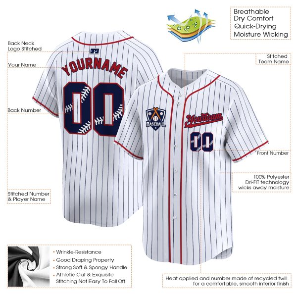 White Navy Pinstripe Navy Red Personalized Baseball Jersey - Image 3