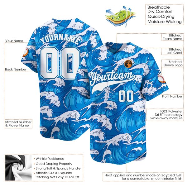 Blue White Waves Personalized Baseball Jersey - Image 3