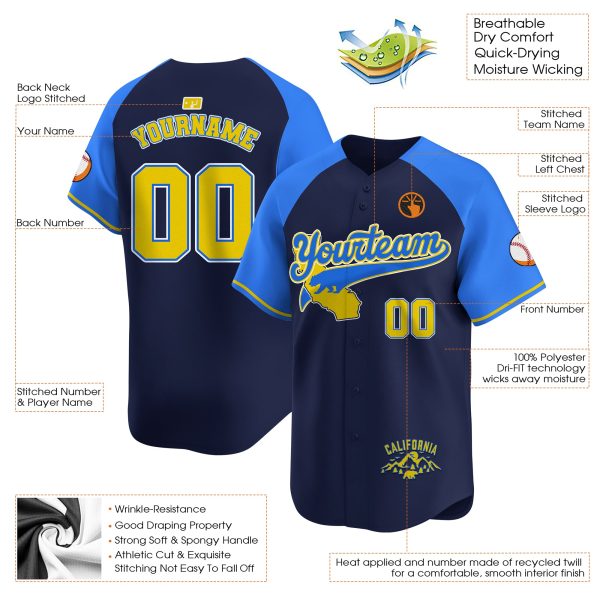 Navy Alternate Blue Yellow California Mountain Personalized Baseball Jersey - Image 3