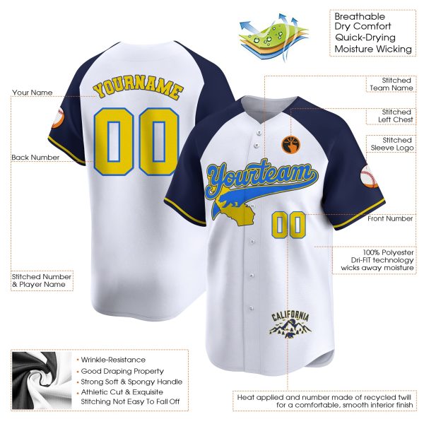 White Alternate Blue Yellow California Mountain Personalized Baseball Jersey - Image 3
