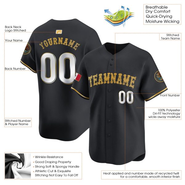 Black Gold Mexico Personalized Baseball Jersey - Image 3