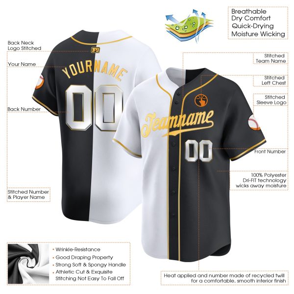 Black White - Gold Split Fashion Personalized Baseball Jersey - Image 3