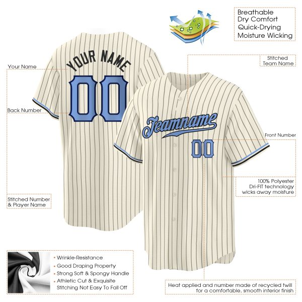 Cream Black Pinstripe Light Blue-Black Authentic Personalized Baseball Jersey - Image 2