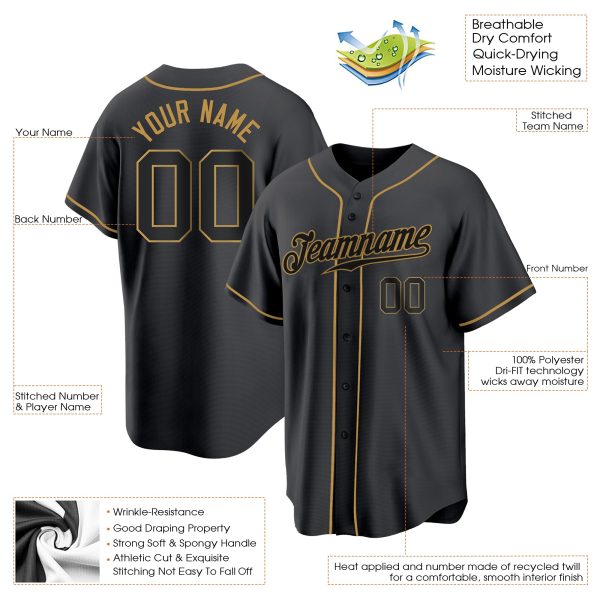 Black Black-Old Gold Authentic Personalized Baseball Jersey - Image 2