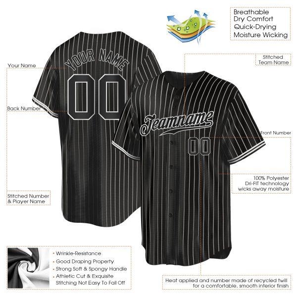 Black White Pinstripe Black-White Authentic Personalized Baseball Jersey - Image 2