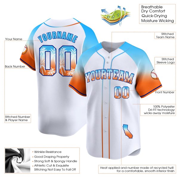 White Alternate Blue California Beach Personalized Baseball Jersey - Image 3