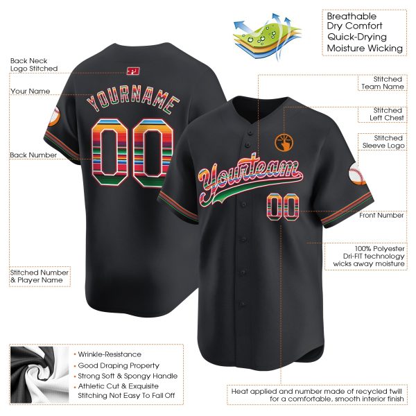 Black Mexico Serape Pattern Personalized Baseball Jersey - Image 3