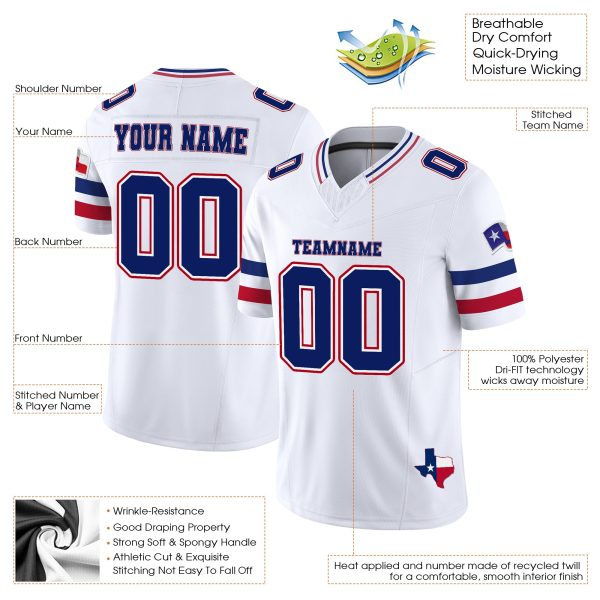 White Navy Red Texas Flag Personalized Football Jersey - Image 3