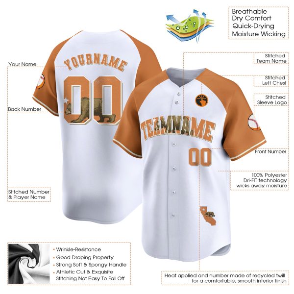 White Alternate Orange California Map Personalized Baseball Jersey - Image 3