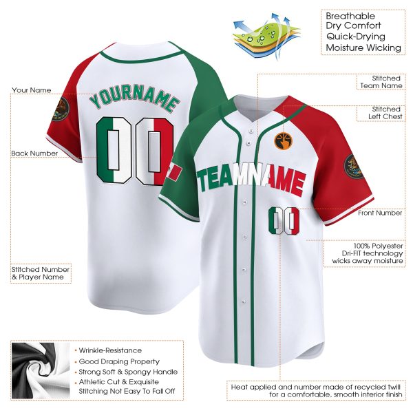 White Alternate Red-Green Mexico Personalized Baseball Jersey - Image 3