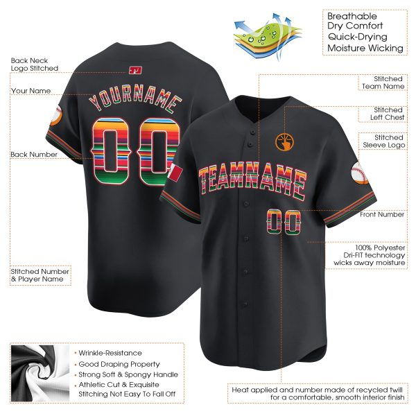Black Mexico Flag Personalized Baseball Jersey - Image 3