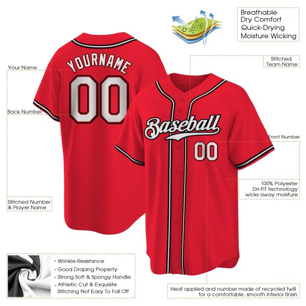 Red White-Black Authentic Personalized Baseball Jersey - Image 3