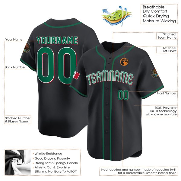 Black Green Mexico Personalized Baseball Jersey - Image 3