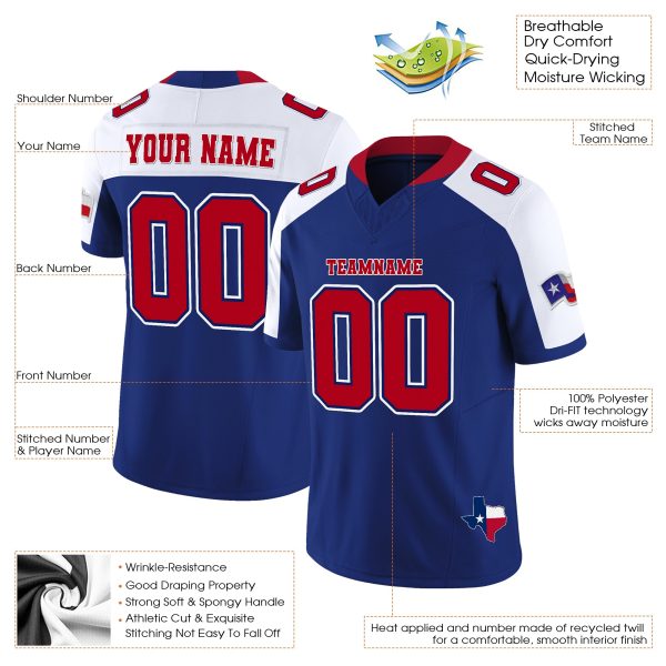 Royal Alternate White Red Texas Flag Personalized Football Jersey - Image 3
