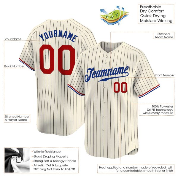 Cream Black Pinstripe Red - Royal Personalized Baseball Jersey - Image 3