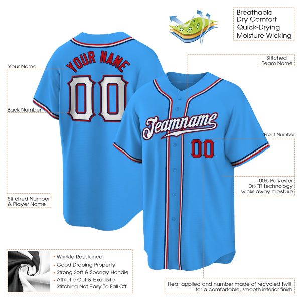 Powder Blue White-Red Authentic Personalized Baseball Jersey - Image 2