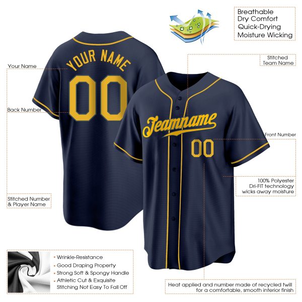 Navy Gold Authentic Personalized Baseball Jersey - Image 2
