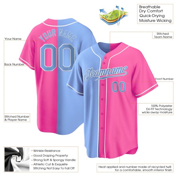Pink Light Blue-White Authentic Split Personalized Baseball Jersey - Image 2
