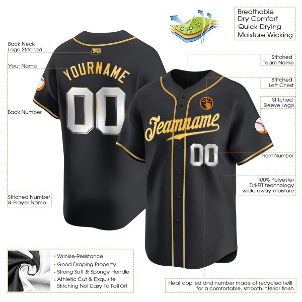 Black - Silver Gold Personalized Baseball Jersey - Image 3