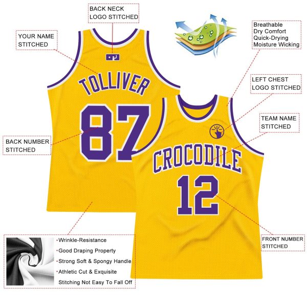 Gold Purple-White Authentic Throwback Personalized Basketball Jersey - Image 2