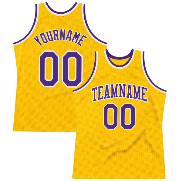 Gold Purple-White Authentic Throwback Personalized Basketball Jersey