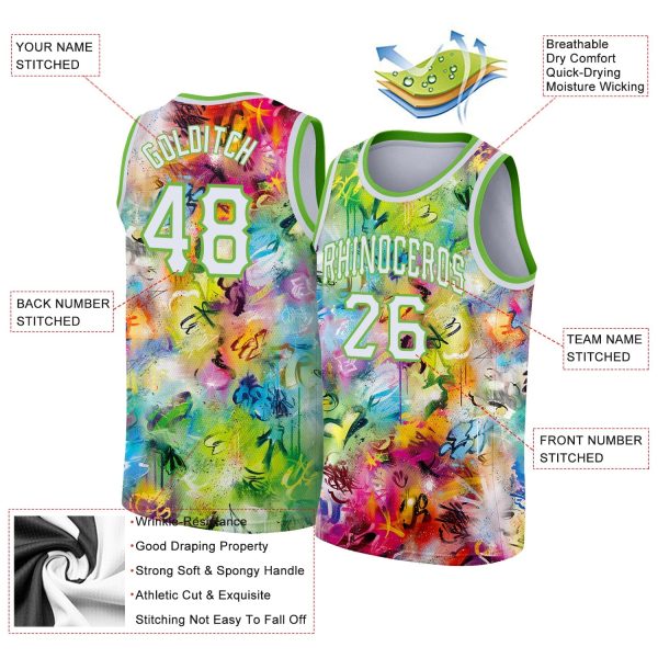 Scratch Graffiti Pattern White-Neon Green 3D Authentic Personalized Basketball Jersey - Image 2