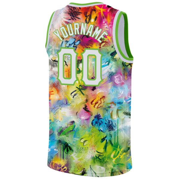 Scratch Graffiti Pattern White-Neon Green 3D Authentic Personalized Basketball Jersey - Image 6