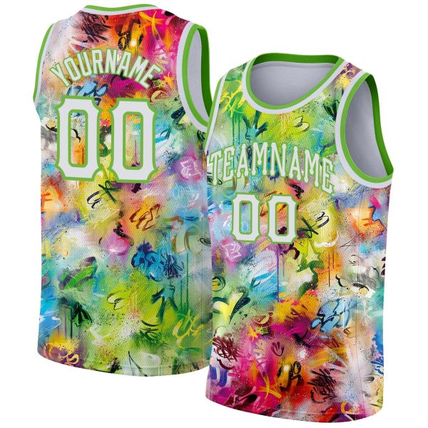 Scratch Graffiti Pattern White-Neon Green 3D Authentic Personalized Basketball Jersey