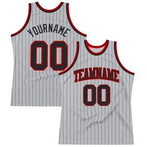 Gray Black Pinstripe Black-Red Authentic Personalized Basketball Jersey