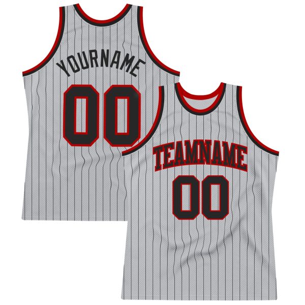 Gray Black Pinstripe Black-Red Authentic Personalized Basketball Jersey