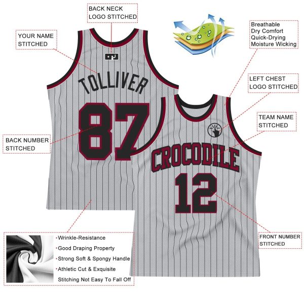 Gray Black Pinstripe Black-Maroon Authentic Personalized Basketball Jersey - Image 2