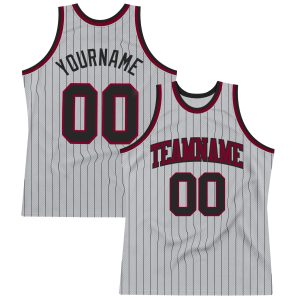 Gray Black Pinstripe Black-Maroon Authentic Personalized Basketball Jersey