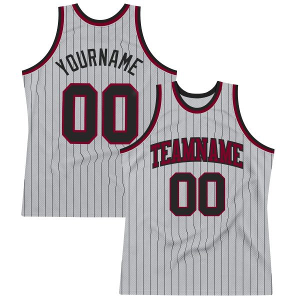 Gray Black Pinstripe Black-Maroon Authentic Personalized Basketball Jersey