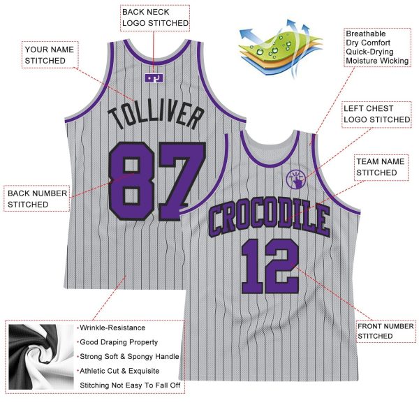 Gray Black Pinstripe Purple Authentic Personalized Basketball Jersey - Image 2