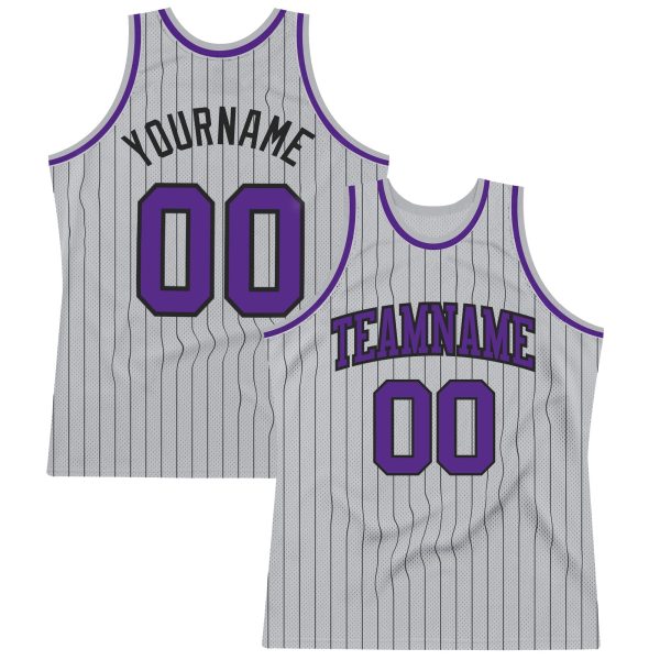Gray Black Pinstripe Purple Authentic Personalized Basketball Jersey