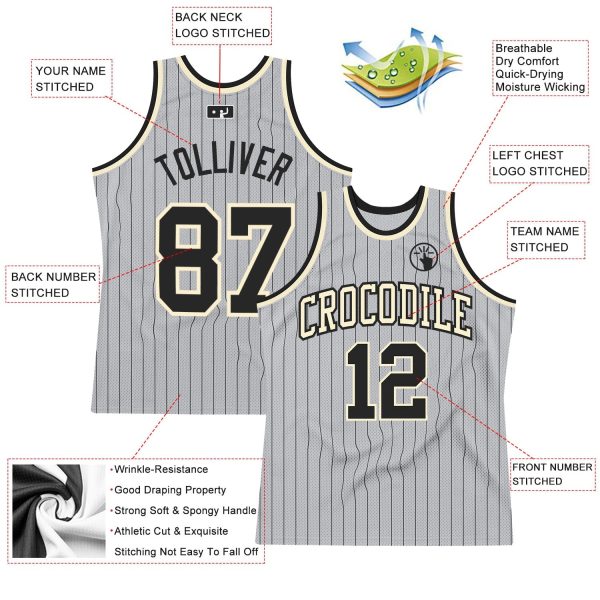 Gray Black Pinstripe Black-Cream Authentic Personalized Basketball Jersey - Image 2