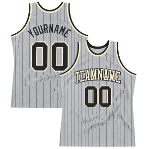 Gray Black Pinstripe Black-Cream Authentic Personalized Basketball Jersey