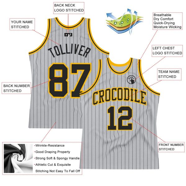 Gray Black Pinstripe Black-Gold Authentic Personalized Basketball Jersey - Image 2