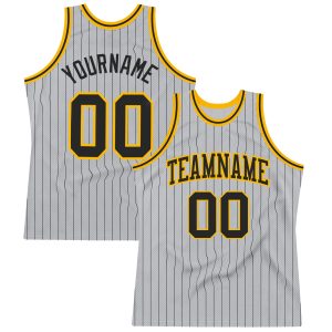 Gray Black Pinstripe Black-Gold Authentic Personalized Basketball Jersey