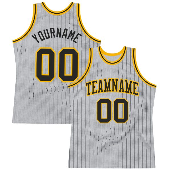 Gray Black Pinstripe Black-Gold Authentic Personalized Basketball Jersey
