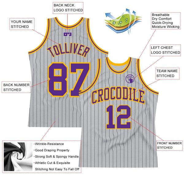 Gray Black Pinstripe Purple-Gold Authentic Personalized Basketball Jersey - Image 2