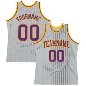 Gray Black Pinstripe Purple-Gold Authentic Personalized Basketball Jersey