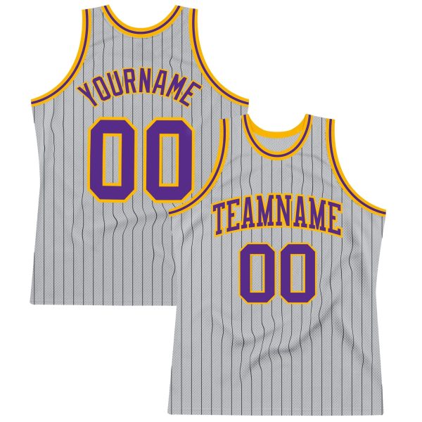 Gray Black Pinstripe Purple-Gold Authentic Personalized Basketball Jersey