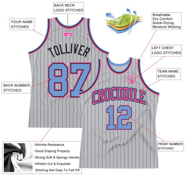 Gray Black Pinstripe Light Blue-Pink Authentic Personalized Basketball Jersey - Image 2