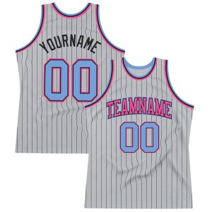 Gray Black Pinstripe Light Blue-Pink Authentic Personalized Basketball Jersey
